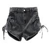Youthful Skinny Fashionable and Versatile Black and Gray Denim Shorts Female Summer Design Sense Drawstring High Waist Elastic Straight A-line Pants