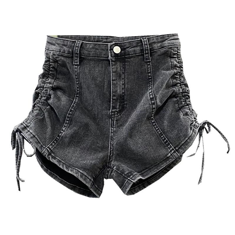 Youthful Skinny Fashionable and Versatile Black and Gray Denim Shorts Female Summer Design Sense Drawstring High Waist Elastic Straight A-line Pants