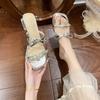 French Fashion Thick Heel Cool Slippers Women's Summer Wear 2025 New Silver Sandals Bow Rhinestone High Heels