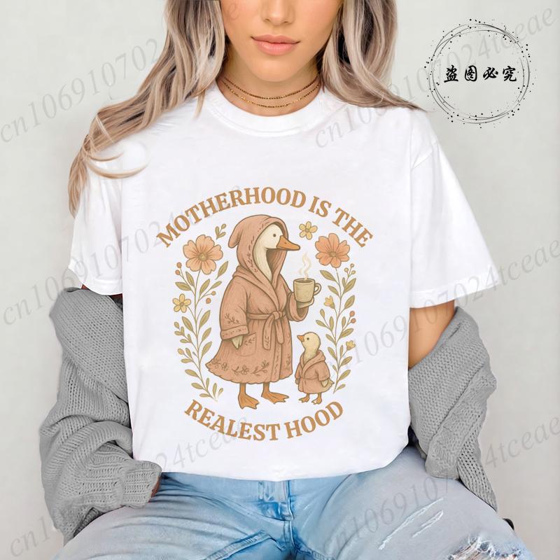 Funny Mom Shirt,Mom Goose T-Shirts,Motherhood Is The Realest Hood Tee, Mom Gift,Boho Retro Mama Women's Shirt T-Shirts Tops