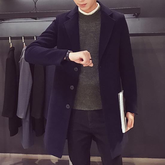 Men Suit Coat Lapel Long Sleeve Solid Color Mid-length Suit Jacket Slim Fit Single-Breasted Autumn Winter Woolen Coat