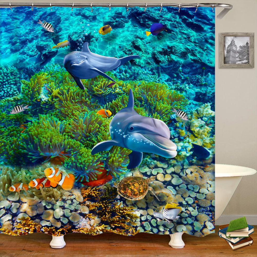 Cartoon Dolphin Shower Curtain Waterproof Home Decoration Curtain Ocean Sea Beach Landscape Printed Bathroom Curtain With Hooks