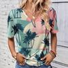 2025 New Summer Women's Coconut Tree Print T-shirt V-neck Short Sleeve Street Casual Daily Basic Tops Women's Summer Pullover