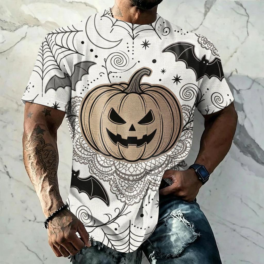Men's Halloween Vintage Short Sleeve T Shirt Loose Fit Breathable Summer Sports Streetwear Casual Everyday Top with Spider Web Bat Moon Print