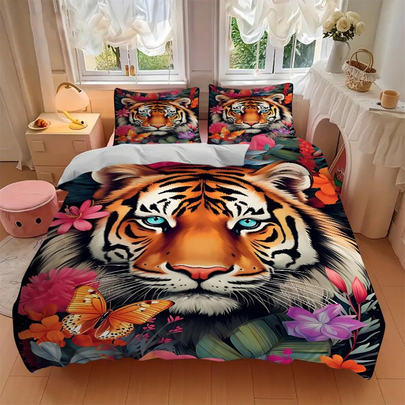 3pcs Tiger Floral Print Duvet Cover Set, Cover For Bedroom Guest Room (1 Duvet Cover + 2 Pillowcase, Without Quilt),  yy250922107