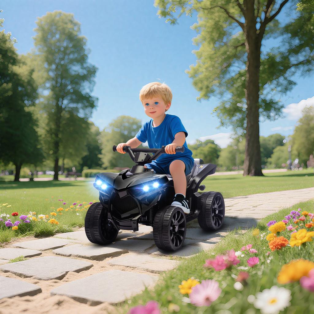 Quad Elettrico per Bambini 6V Quad per Bambini con Funzione Avanti, Indietro, Musica, Luci a LED Nere