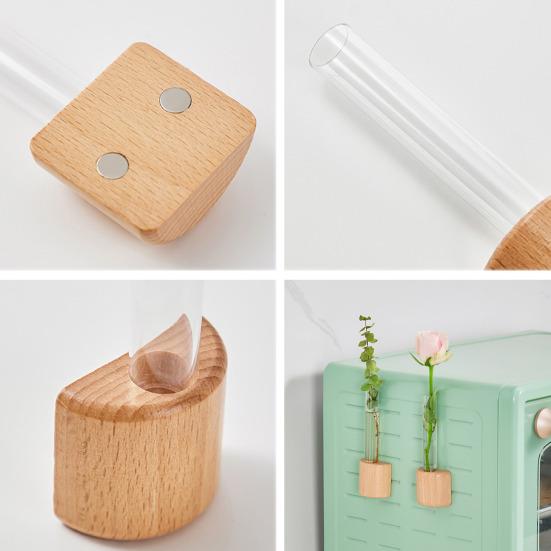Hydroponic Plants Test Tube Vase Window Refrigerator Magnet Wooden Base Plants Propagation