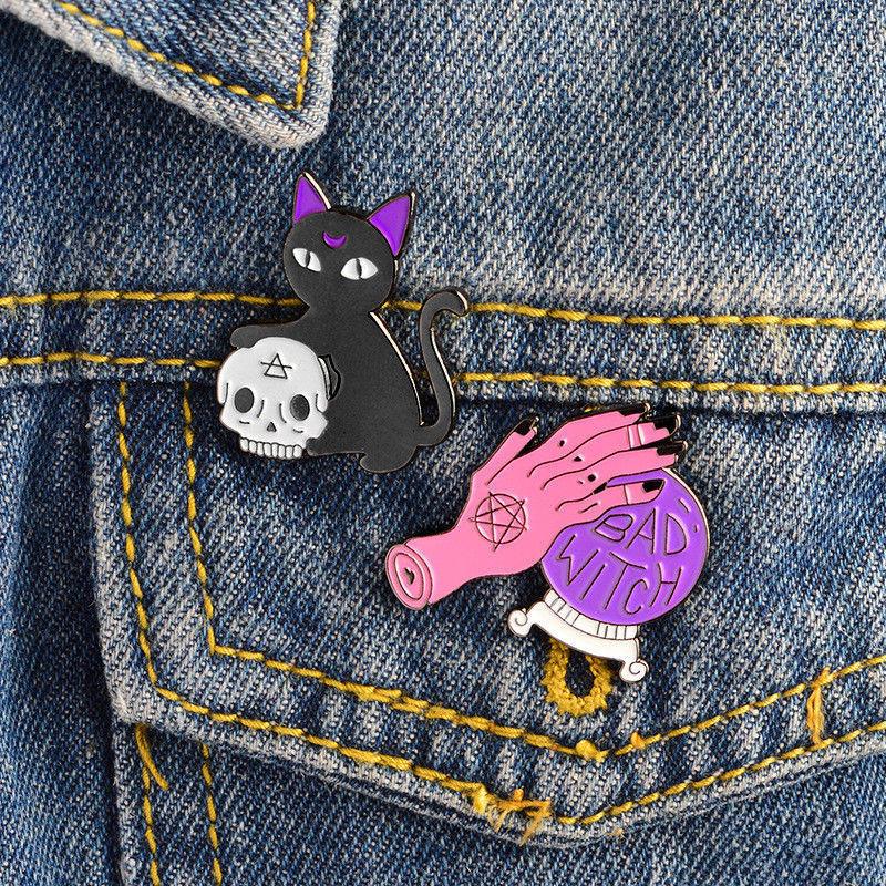 Elegant Enamel Brooch Death Pins With Potion Cat Skull And Candle For Halloween