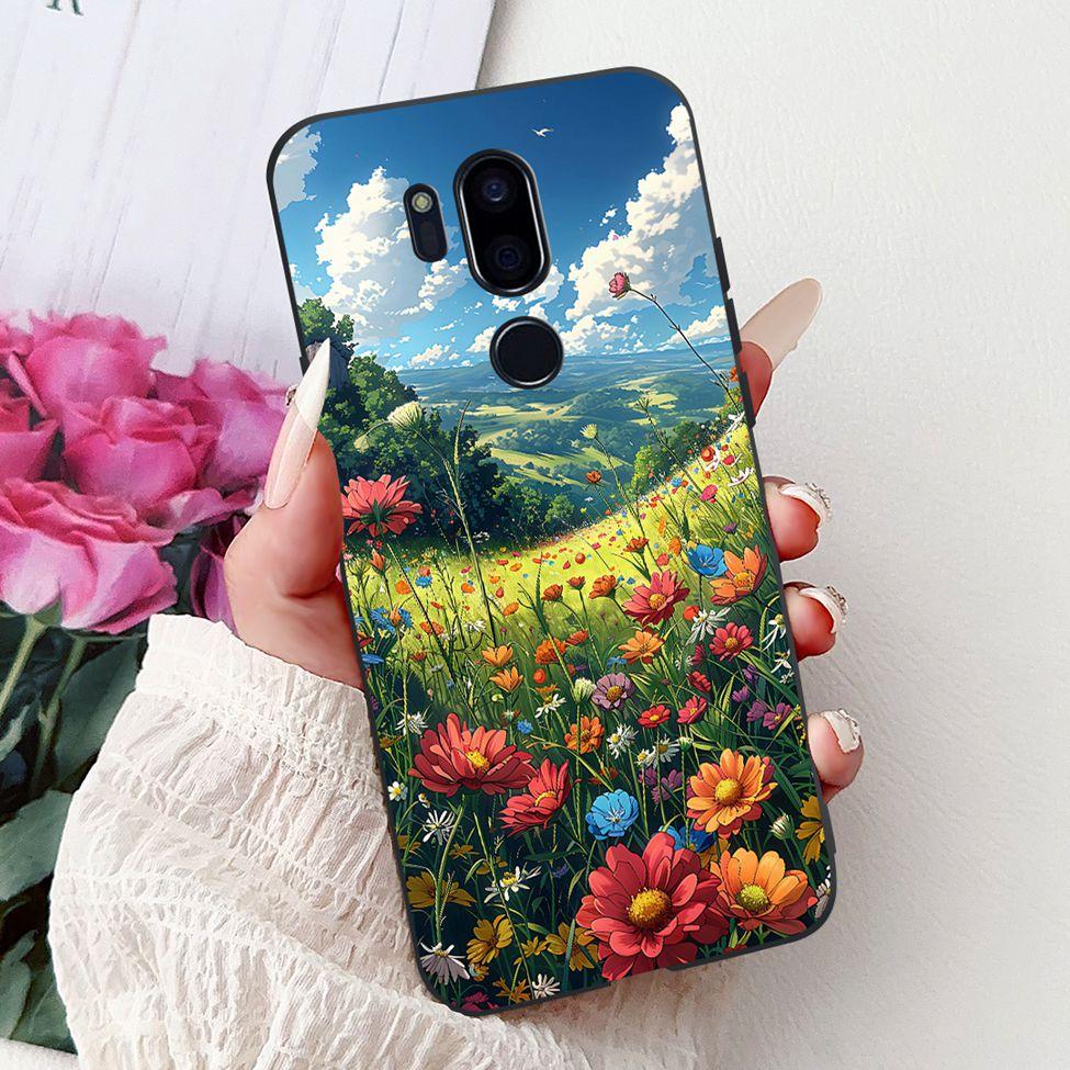 För LG G7 ThinQ Fodral Svart Silikon Söt Katt Mode Blommor Cool Målad Baksida För LG G7ThinQ Telefonfodral LMG710EM