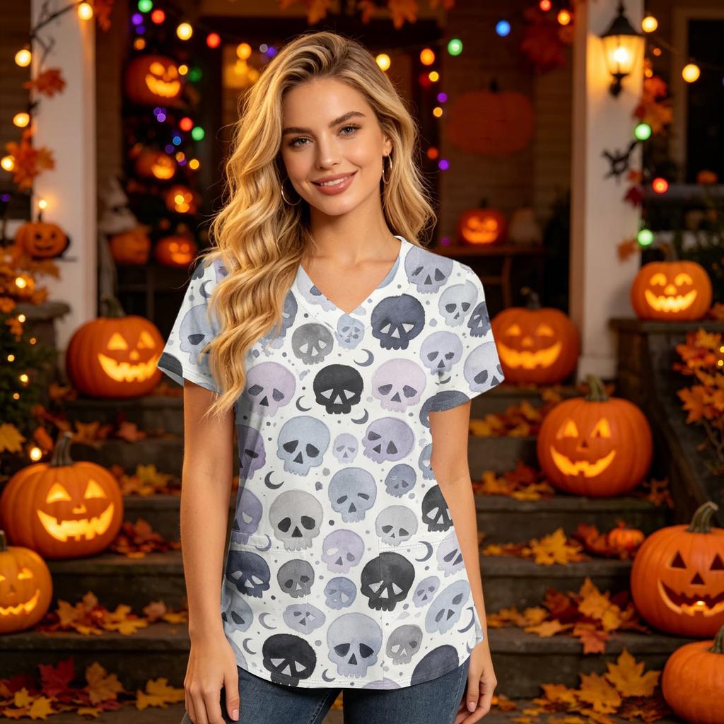 Women's V-Neck Short Sleeve Scrub Top with Pockets Halloween Print Caregiver Uniform