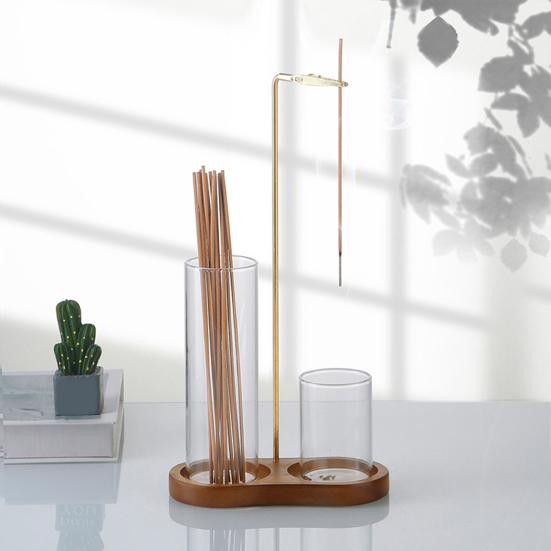 Porte-encens avec récupérateur de cendres en verre transparent Base en bois Brûleur d'encens avec clip Décoration pour la maison, le bureau, le bureau, le yoga, la méditation