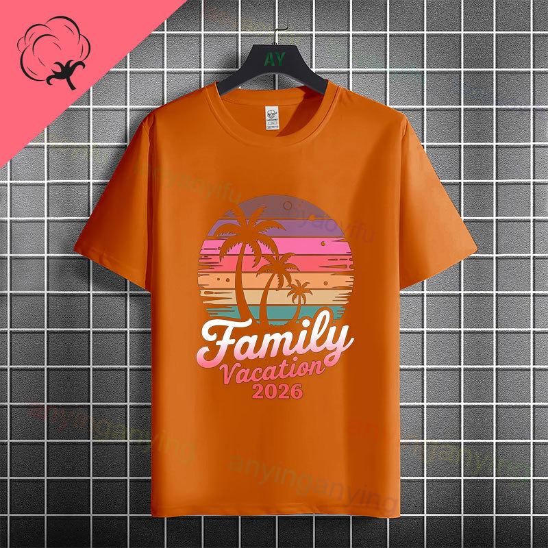 Unisex Unisexs Family Vacation 2026 Graphic Tshirt With Retro Sunset Palm Tree Desgin Pure Cotton Short Sleeve Casual Tshirt
