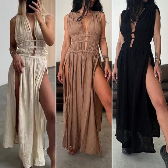 Summer Long Dress Deep V Neck Sleeveless Lace-up Belted Waist Hollow Out Bohemian Style Pleated Split Vacation Beach Maxi Dress