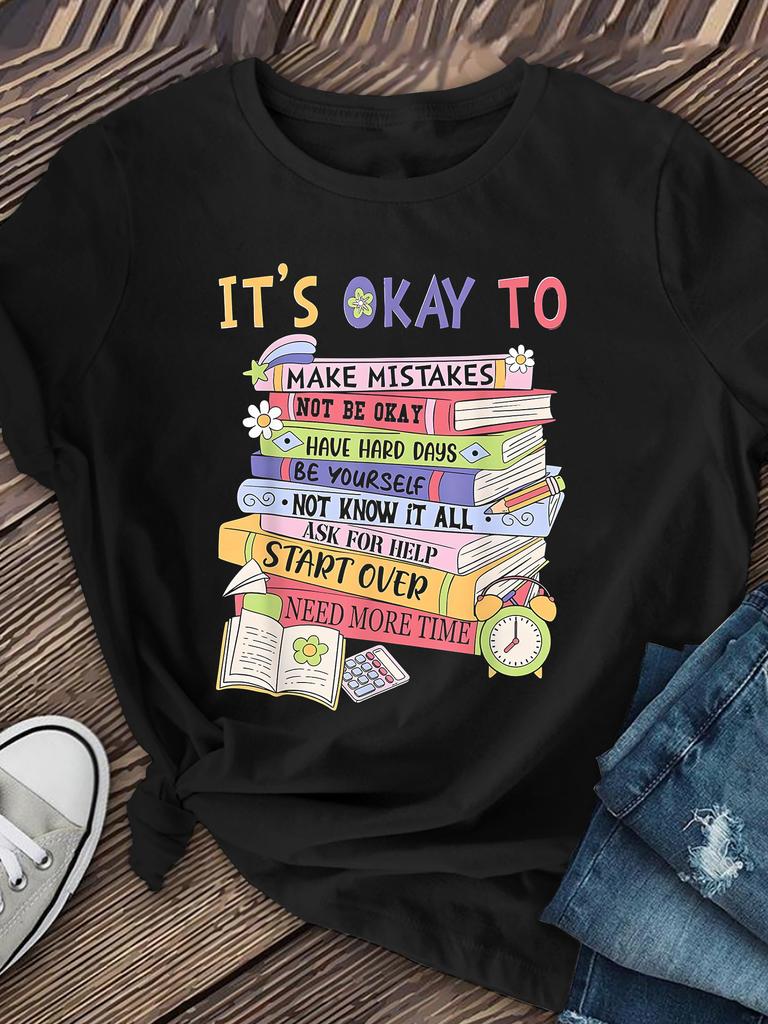 Women'S 'It'S Okay, It'S Okay' Mental Health Awareness T-Shirt Colorful Book and Floral Print, Com