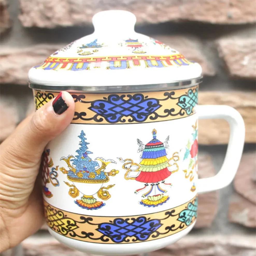 700ML Enamel Cup Chinese Style Blue And White Porcelain Tea Mug With Lid 10CM Caliber Office Teacup Nostalgic Enamel Mug