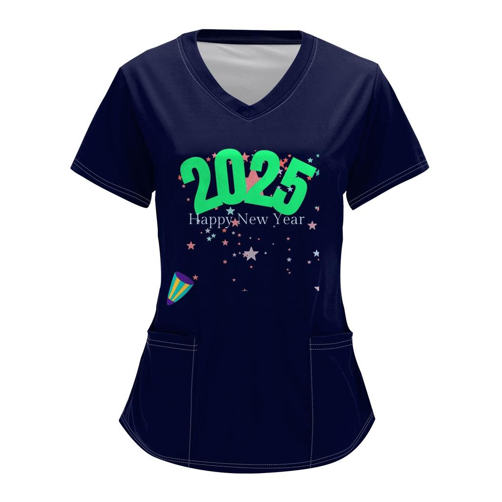 Women's Fashion V-neck Short-sleeved Overalls With Pockets 2025  Christmas Print Top