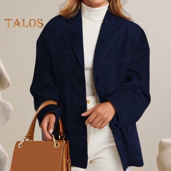 Women Jacket Vintage OL Commuting Style Turn-down Collar Single-breasted Solid Color Loose Mid Length Coat Autumn Winter Casual Outerwear