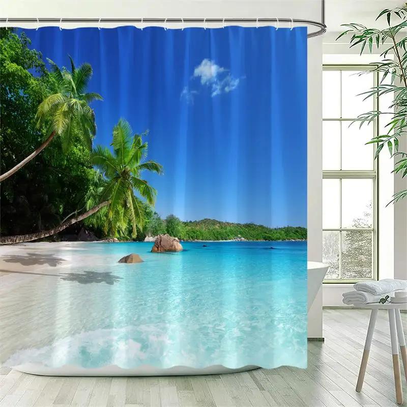 Ocean Landscape Κουρτίνα μπάνιου Παραλία Φοίνικες Παπαγάλοι Δελφίνια Κύματα Θάλασσας Φύση Τοπίο Κουρτίνες μπάνιου Υφασμάτινο Διακόσμηση μπάνιου