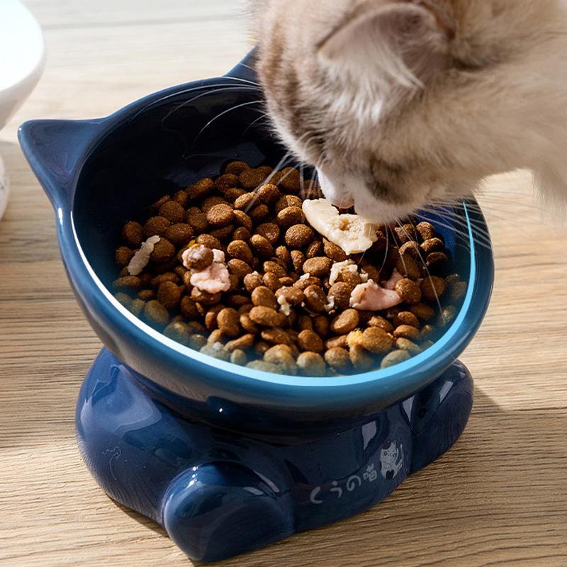 Ceramic Tall Footed Cats Bowls, Anti Overturning Oblique Mouth Neck Protection Cat ear shape Bowl Pet Articles, 1Pc