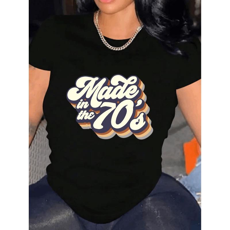 European Size 70s Print T-Shirt, Women's Casual Short Sleeve 1pc 100% Heavy- Comfortable Round Neck, Soft Cute T-Shirt Top