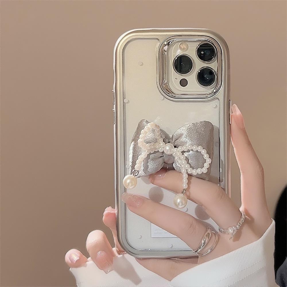 Estojo Tridimensional com Laço de Pérola para iPhone 15 iPhone 14 Acrílico 16 Adequado para 13promax Estilo Luxo Leve