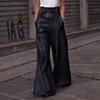 New Fashion Leather Pants, High Waist, Loose Pockets, Waist PU Leather Flared Pants, Casual Trousers, Belt Pocket Decoration