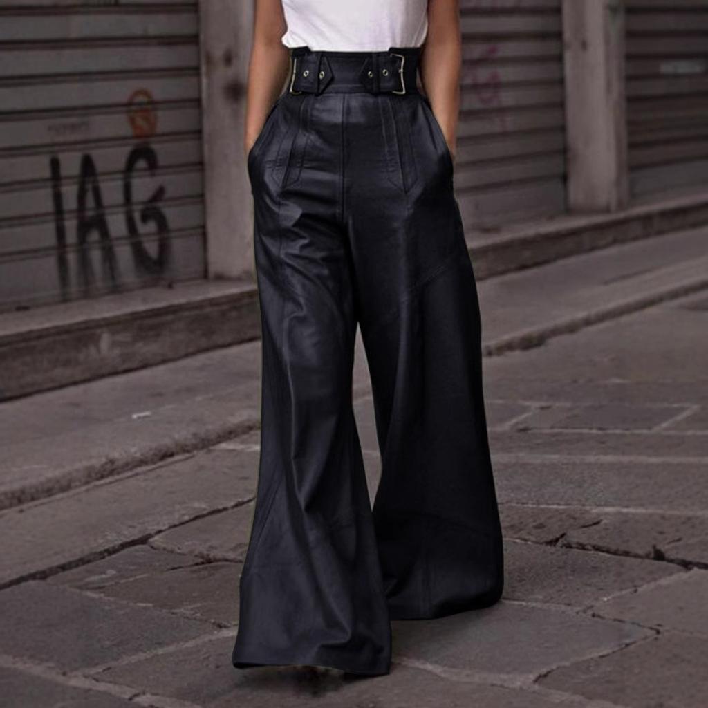 New Fashion Leather Pants, High Waist, Loose Pockets, Waist PU Leather Flared Pants, Casual Trousers, Belt Pocket Decoration
