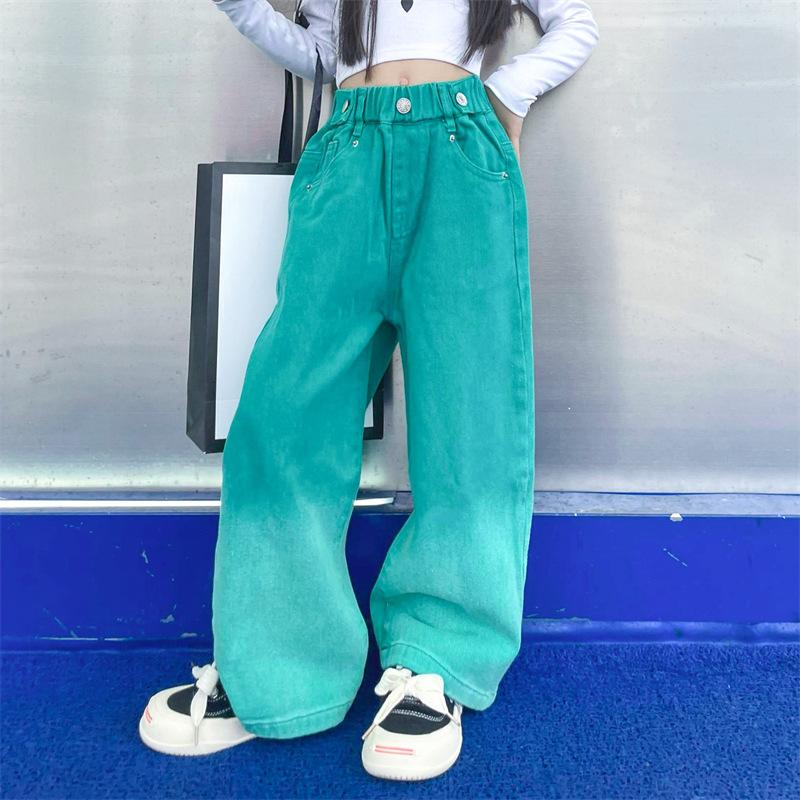 Jeans Girls Candy Color Fashion Gradient Wide Leg Pants Children's Clothes Spring Autumn Teenager Cotton Streetwear Trousers