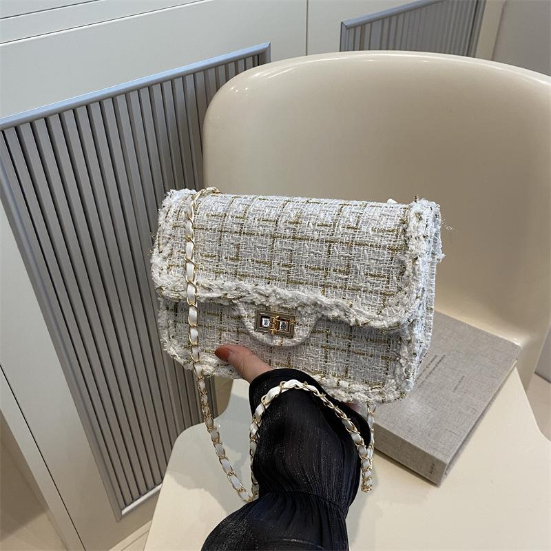 Damen Tweed Kette Kleine Quadratische Tasche Modische Einzel Schulter Crossbody Tasche Vintage Minimalistische Handtasche