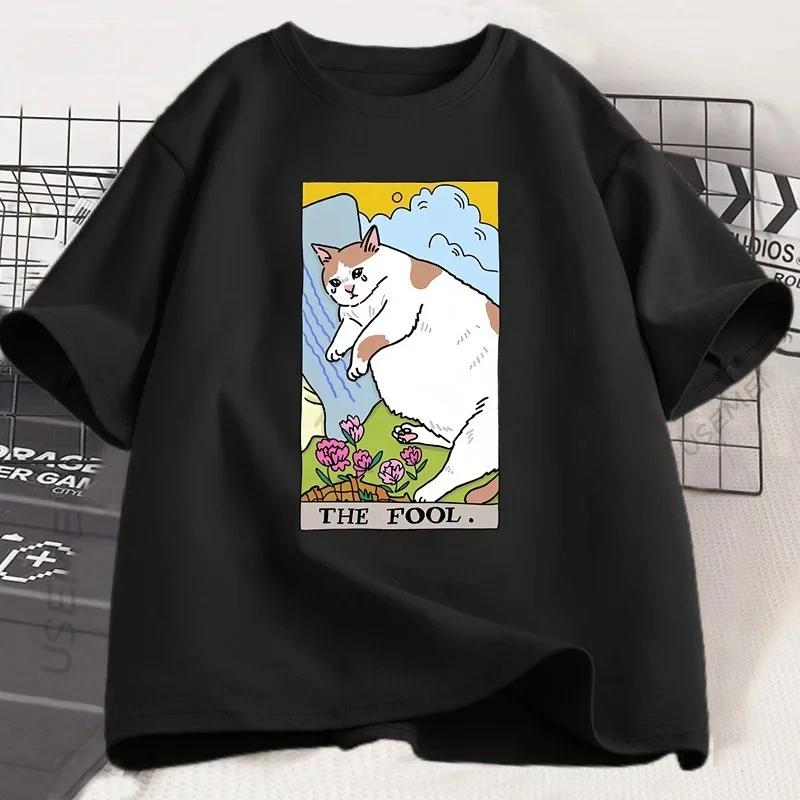 Herren T-Shirt mit Aufdruck 100% Baumwolle Cartoon Katze Muster Kurzarm Freizeitkleidung Locker geschnittenes Freizeit-T-Shirt