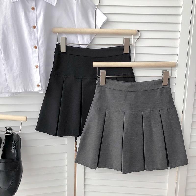 Jupe Courte Ajustée Jupe Taille Haute Jupe en Laine Grise pour Femmes Automne Hiver Petite Casual Polyvalente Toutes-saisons Jupe Plissée Jupe Trapèze