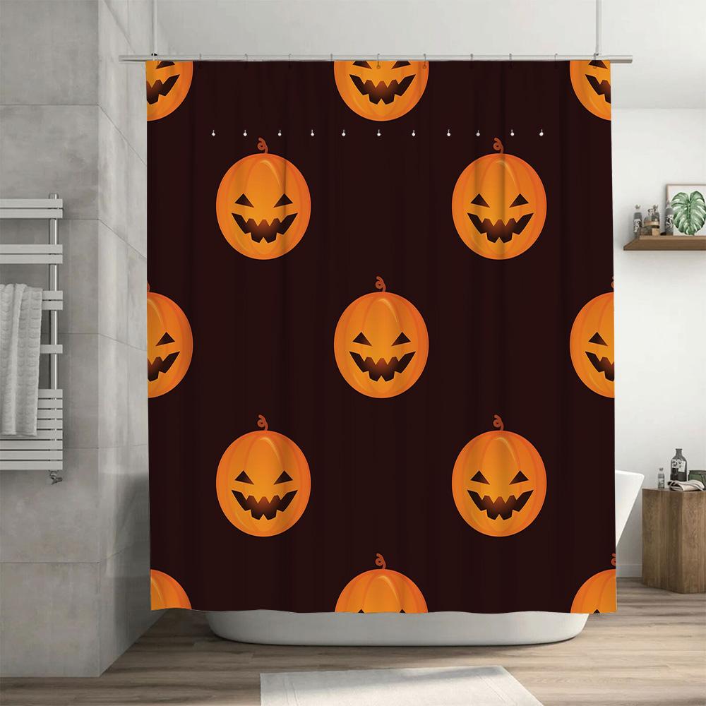 Halloween-themed Bathroom Decor Featuring Orange Pumpkins with Carved Faces, Printed On a Shower Curtain for Fall-inspired Home