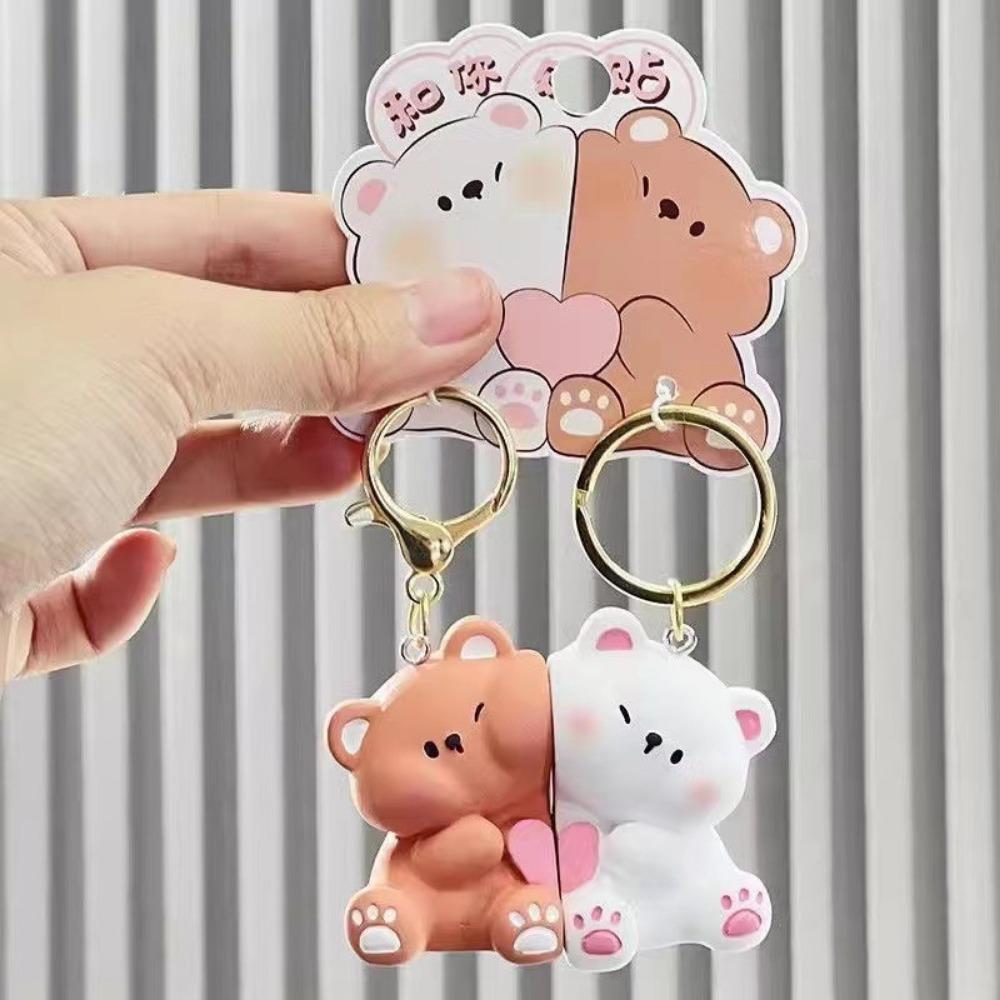 1 paire de porte-clés magnétiques en résine en forme de couple d'ours, pendentif de sac, animal de dessin animé, Kawaii, cadeaux pour amoureux, ornements
