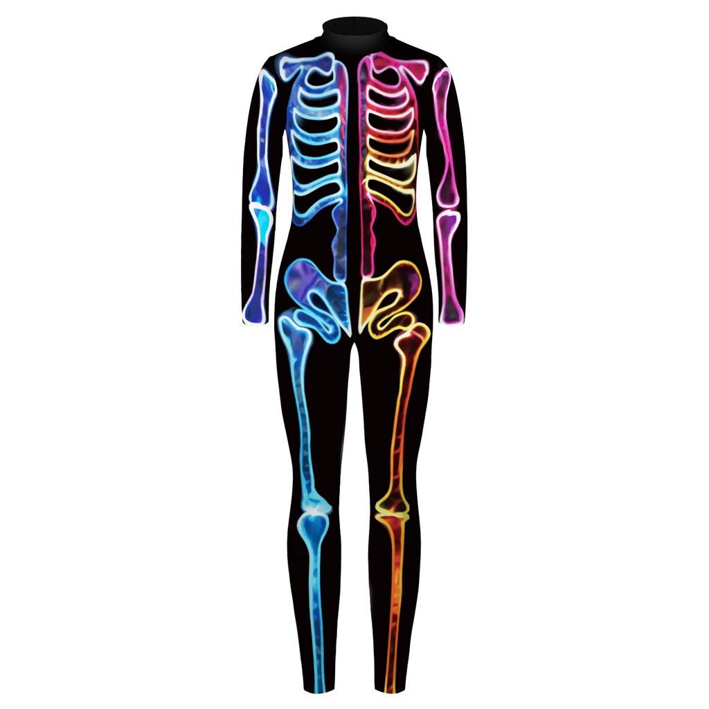 Spooky Skeleton Print Long-sleeved Jumpsuit Halloween Costume For Adults Kids