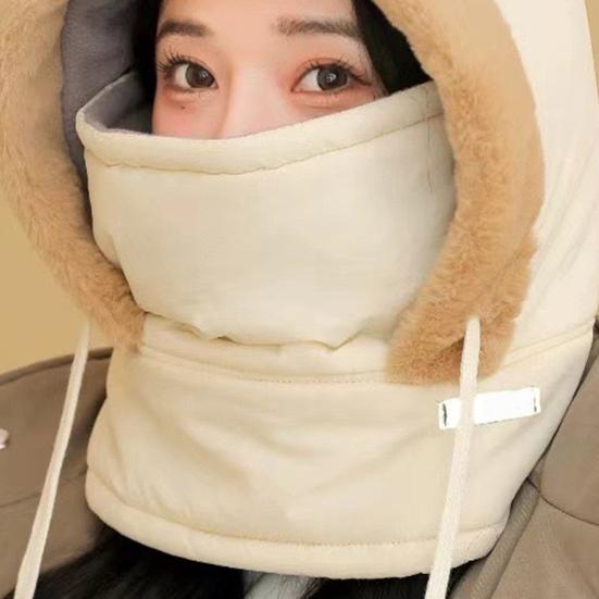 Winter Cycling Hat with Integrated Face Shield And Neck Warmer Windproof Thick Plush Full Protecting Outdoor Scarf Cold Weather Headwear
