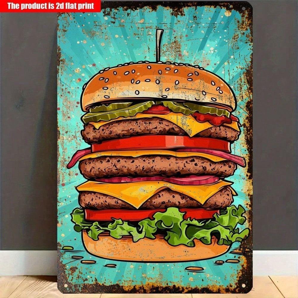 Vintage 2D Hamburger Metal Sign for Kitchen Bar Wall Decor 12x8 Inch