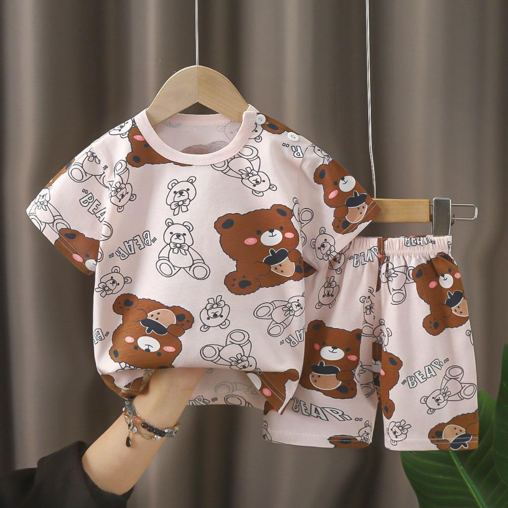 Kids Cotton Short Sleeve 2Pcs Set, Summer Shoulder Snap T-shirt & Shorts for Toddler Boys Girls