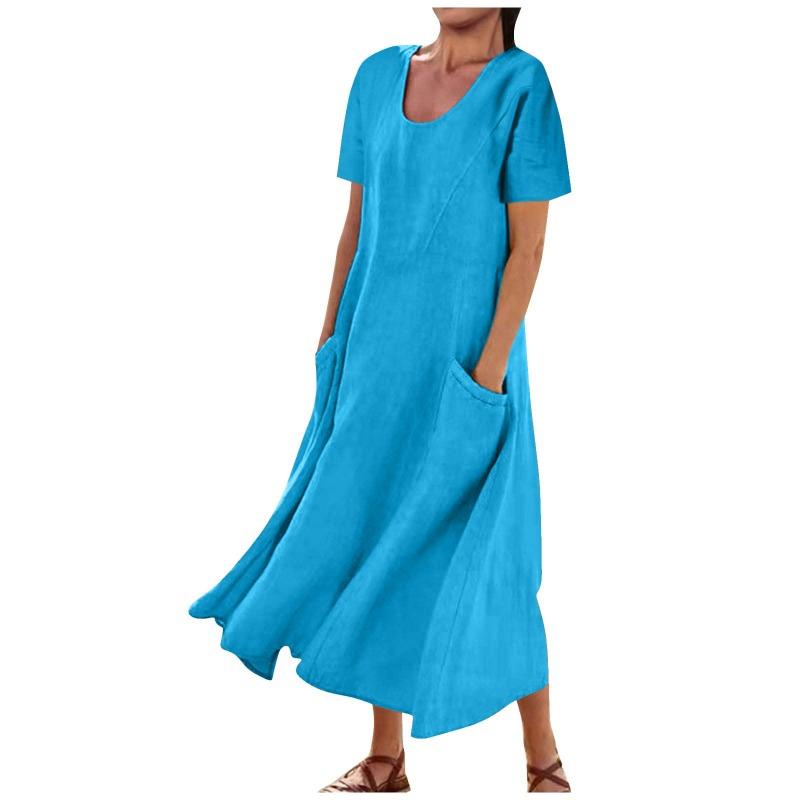 GMXIA Women's Solid Colour Cotton Linen O-Neck Short Sleeve Long Loose Pendulum Dress