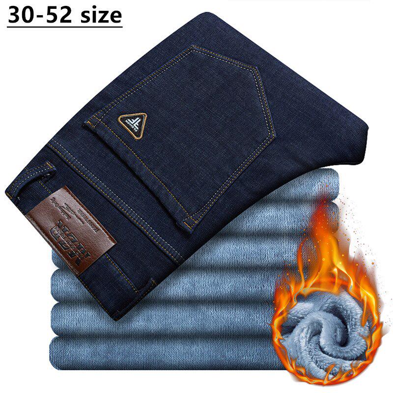 Plus Size Men's Winter Warm Jeans Business Casual Straight Loose Trousers Male Brand Pants
