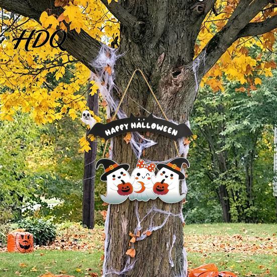 Festival Hanging Sign Happy Halloween Ghost Door Sign, Wooden Three Entrance Plaque Hanger, Front Wall Party Supplies Boxwood Pendant