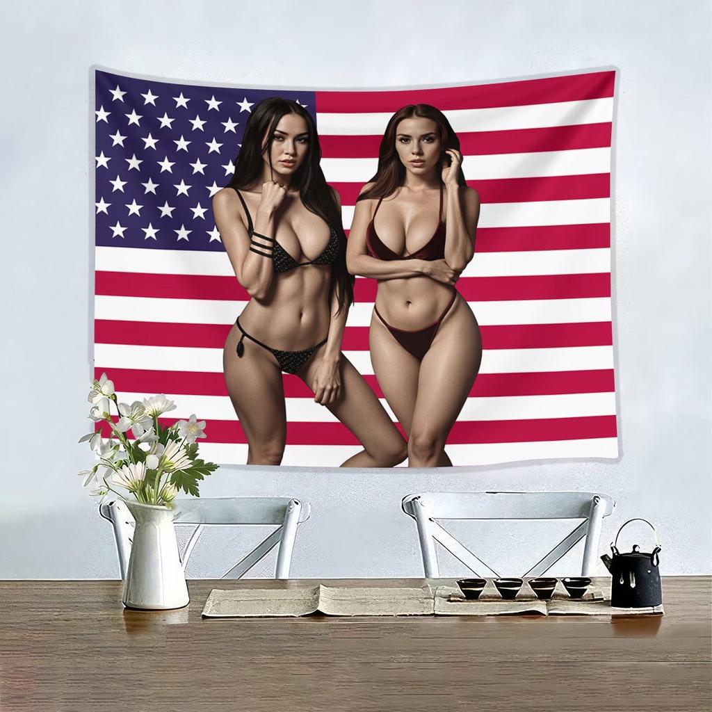 American Flag Tapestry Girl Wall Art Summer Beach Decor Y2K Aesthetic Background for Bedroom Living Room Wall Hanging