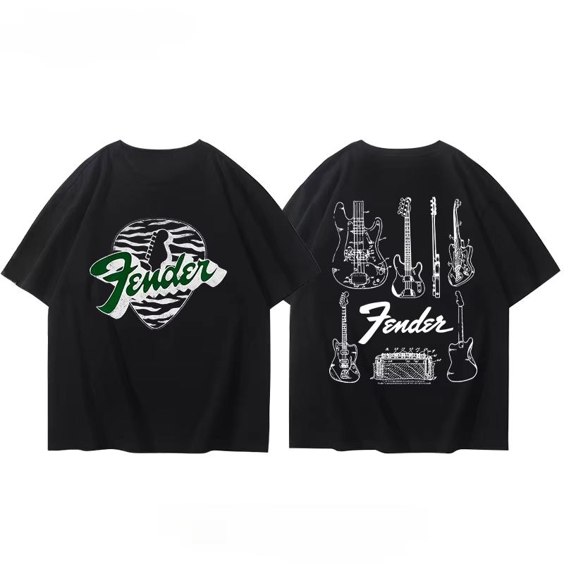 Zomer Heren T-shirt Fender Elektrische Gitaar Band Korte Mouw Jongens en Meisjes Zomer Gitarist Kostuums Rond Bedrukt T-shirt