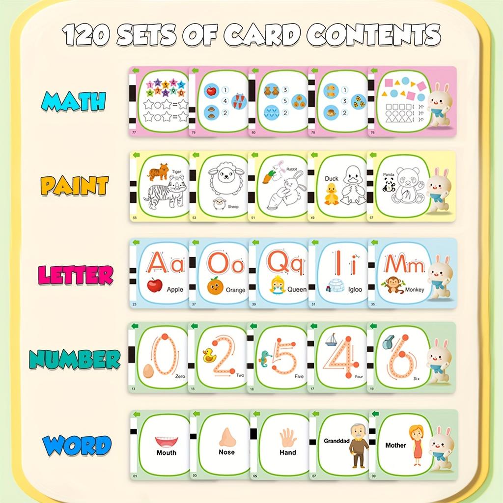 NEW Flash Card Reader with Erasable Drawing LCD and Sound, 120 Double-Sided Cards, Toddlers Early Learning Toy , Birthday Gift