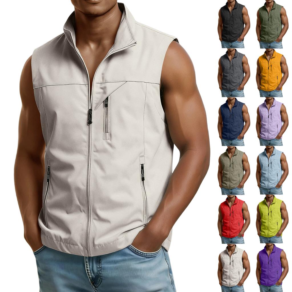 Men's Summer Multi-Functional Pocket Fishing And Hiking Vest: Lightweight Sleeveless Stand-Up Collar Jacket