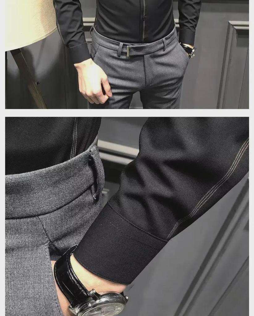 Herren 2024 Slim-Fit Businesshemd, schwarz, knitterfrei, Langarm, bügelfrei