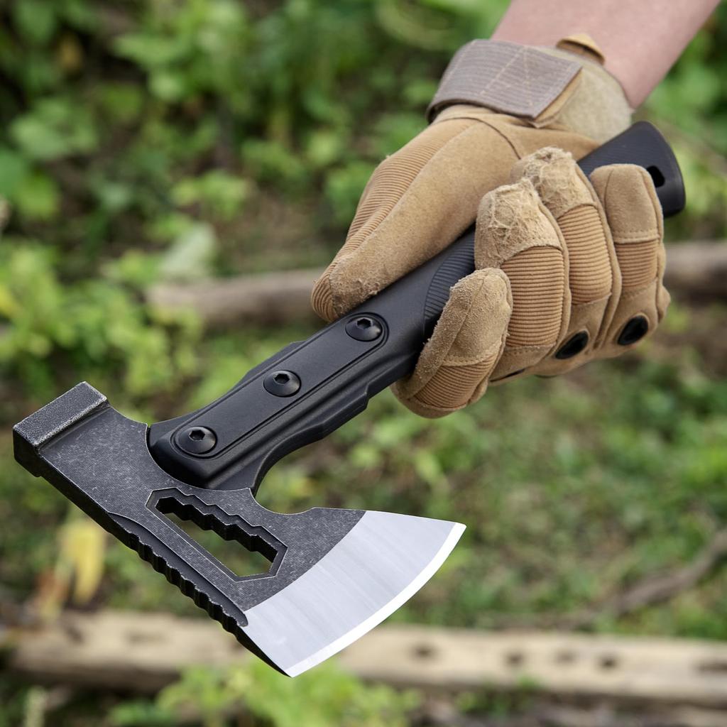 TESCOACH 3-in-1 Camping Axe, Thin Firewood Splitting Hatchet, 27cm, Black, 0.57kg