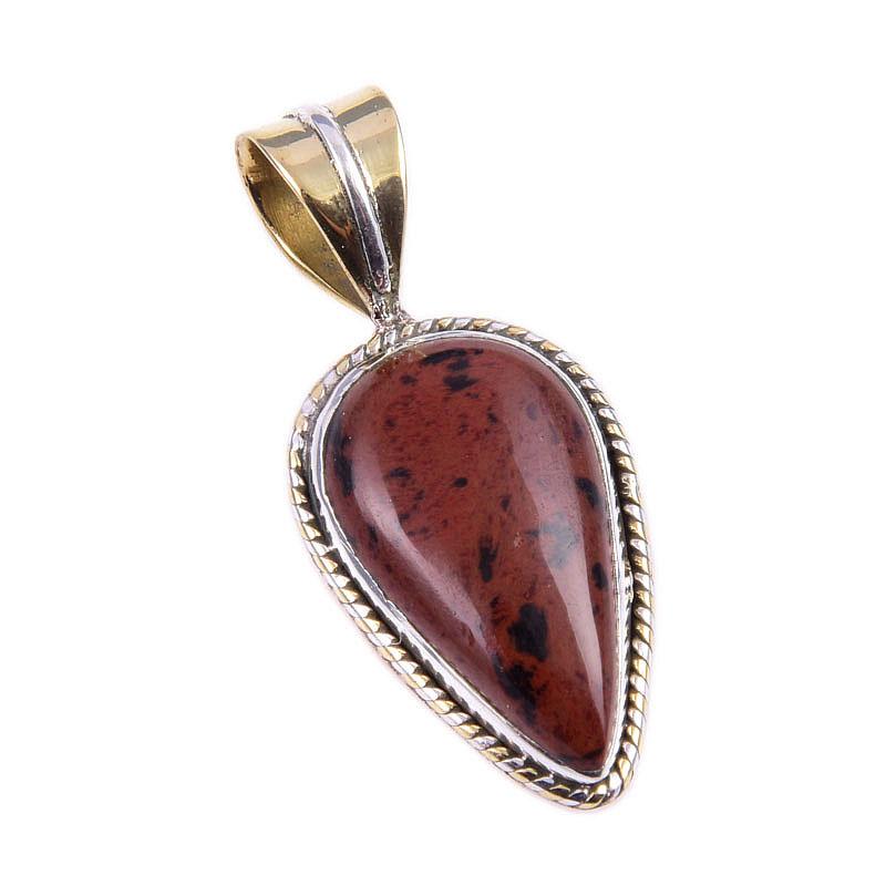 Natural Mahogany Obsidian Gemstone 925 Solid Silver Two Tone Pendant 1.25'' Q5U36