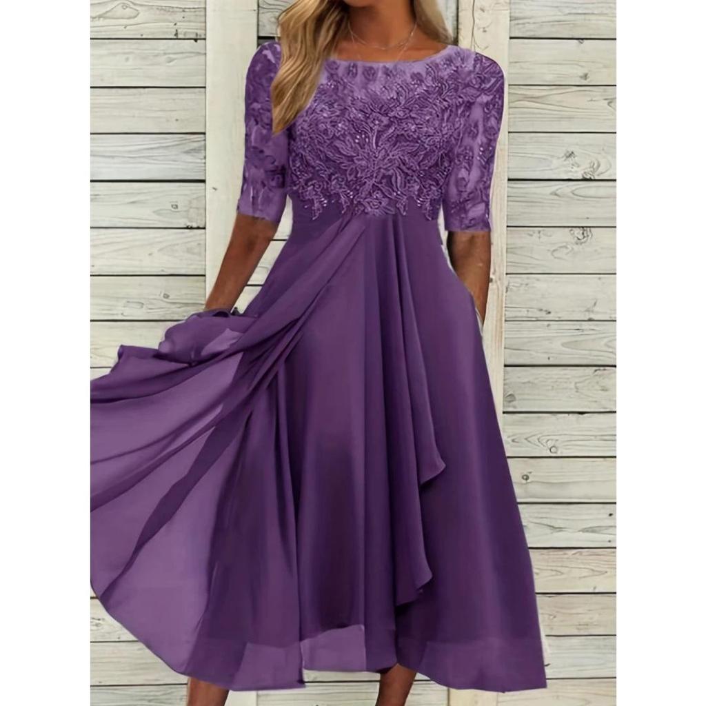 Women's Short-sleeved Dress Chiffon Stitching Lace Hollow Long Skirt