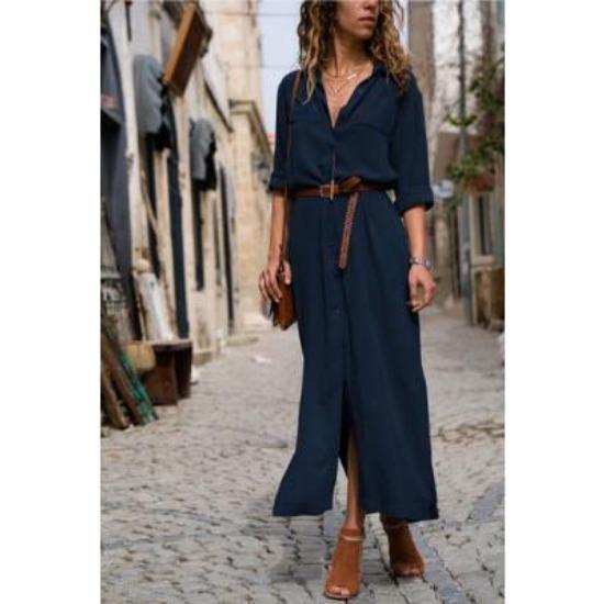 IHUASU Robe fendue à manches longues et col polo automne-hiver
