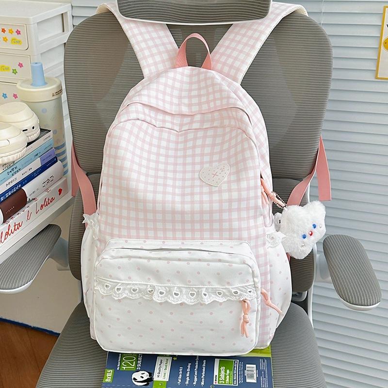 Schoolbag New Small Fresh Plaid Lace Backpack Women's Daily Versatile Large Capacity Going Out Commuting Student Schoolbag Backpack
